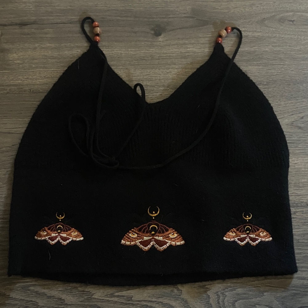 Black Knit Boho Halter Top with Embroidered Moths